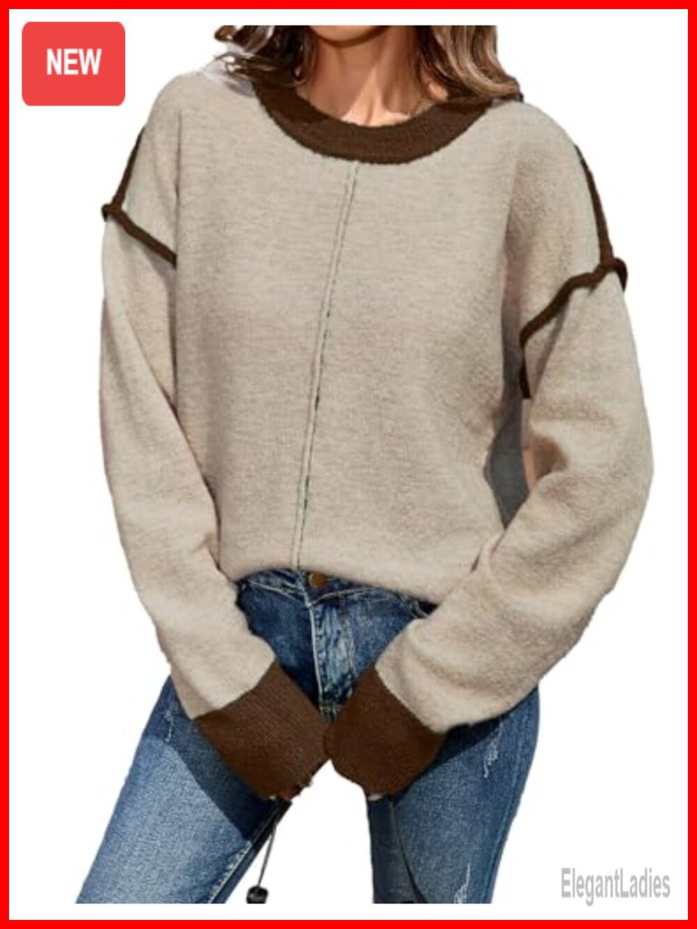 Ribbed Knit Color Block Pullover Sweater Crew Neck Long Sleeve Casual